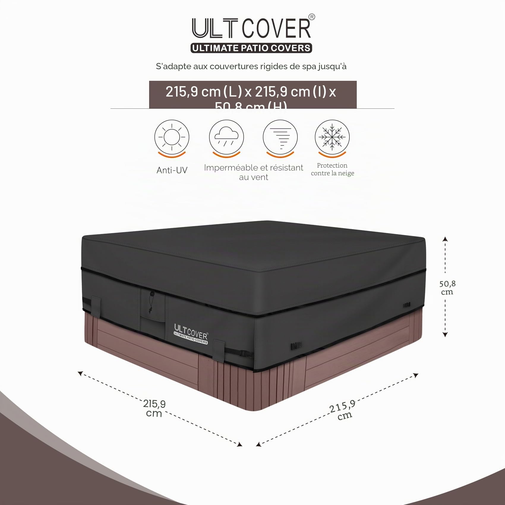 ULTCOVER Housse carrée imperméable en Polyester 600D pour Spa extérieur, 215,9 x 215,9 cm, Noir