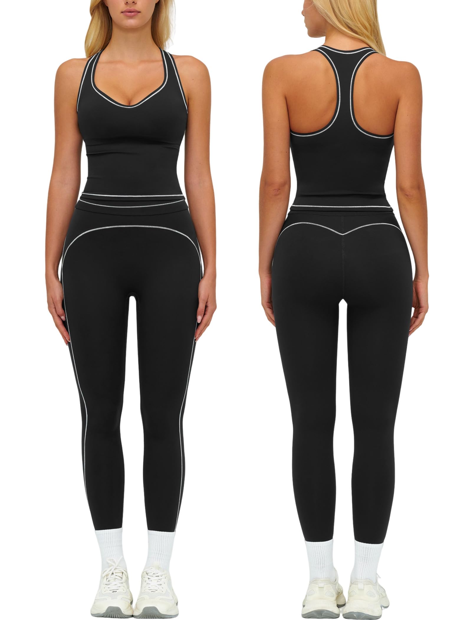 Women 2 Piece Workout Sets Racerback Color Block Tank Top High Waist Tummy Control Active Leggings Pilates Outfits-image-35