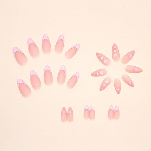 Miniatura 4 de Uñas postizas a presión con punta francesa, uñas postizas medianas con diseños de día de San Valentín, corazón rosa mate, cobertura completa, uñas