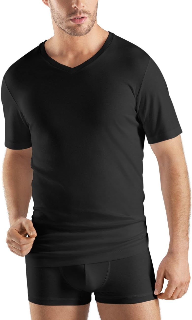 HANRO Men's Sea Island Cotton Short Sleeve V-Neck Shirt 73173