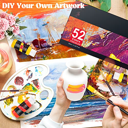 Caliart Acrylic Paint Set With 4 Brushes, 52 Colors (59Ml, 2Oz) Art Craft Paints For Artists Kids Students Beginners & Painters, Canvas Halloween Pumpkin Ceramic Wood Rock Painting Art Supplies Kit #TOP5