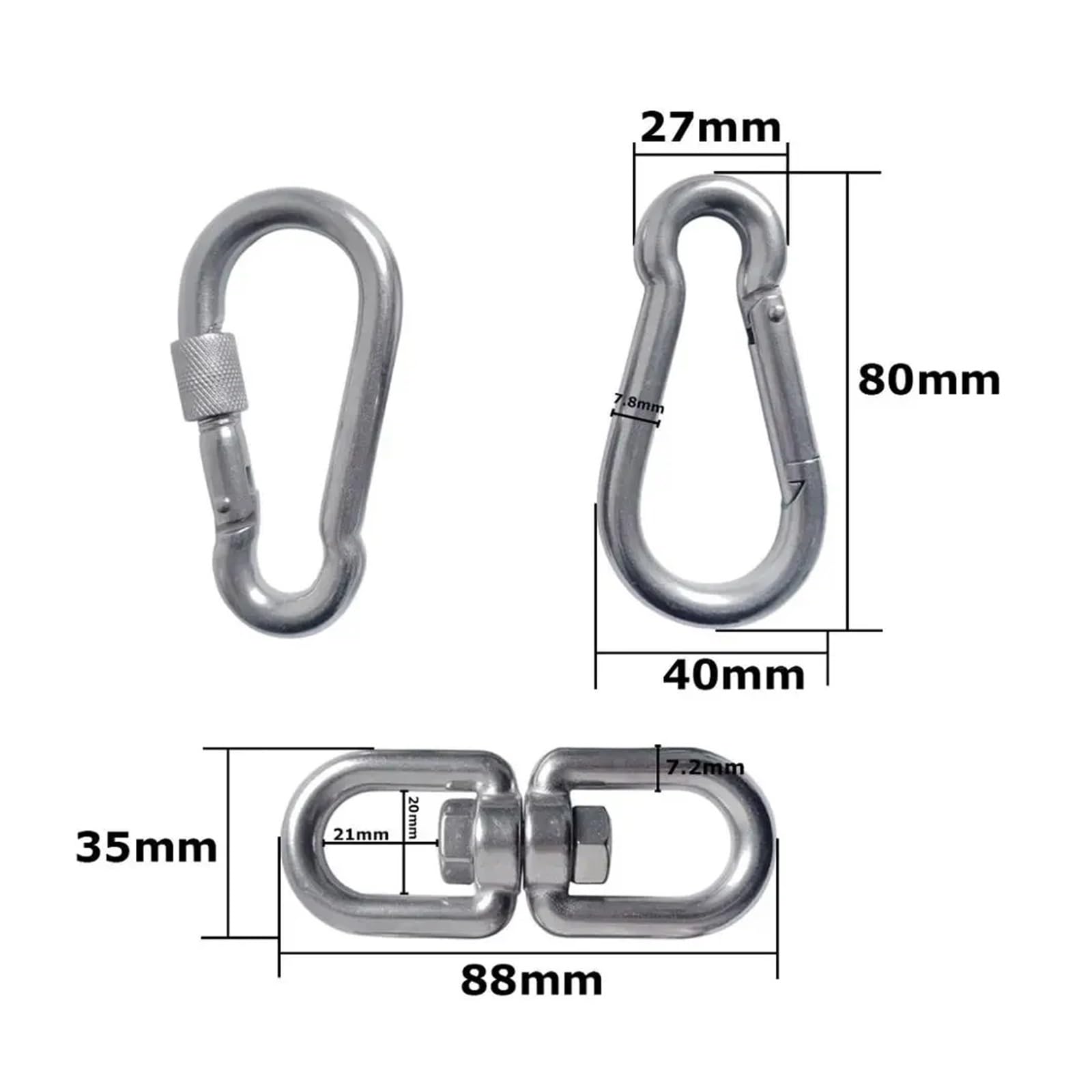 Gancho de ojo giratorio doble extremo acero inoxidable 304 y mosquetón seguridad gancho resorte conector anillo grillete Juego 3(M8)