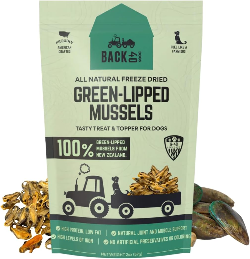 Back 40 Dogs Freeze-Dried Green Lipped Mussels for Dogs - Natural Hip & Joint Topper for Dogs & Cats- Omega-3, Glucosamine & Chondroitin for Healthy Joints, Skin & Coat - Single Ingredient (2oz)