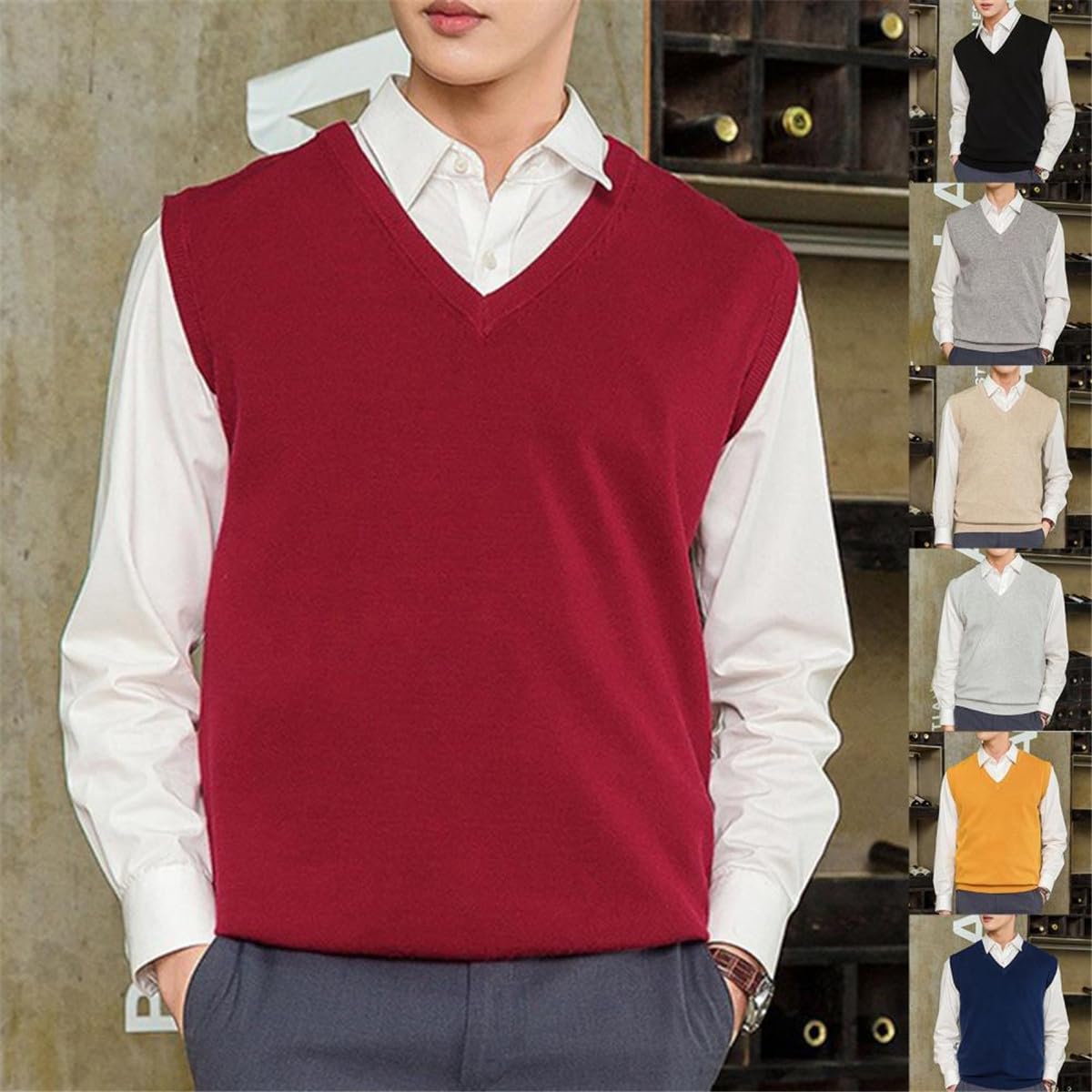 Chaleco sin mangas suelto cálido suéter chaleco hombres color sólido cuello en V suéter chaleco otoño invierno chaleco de punto