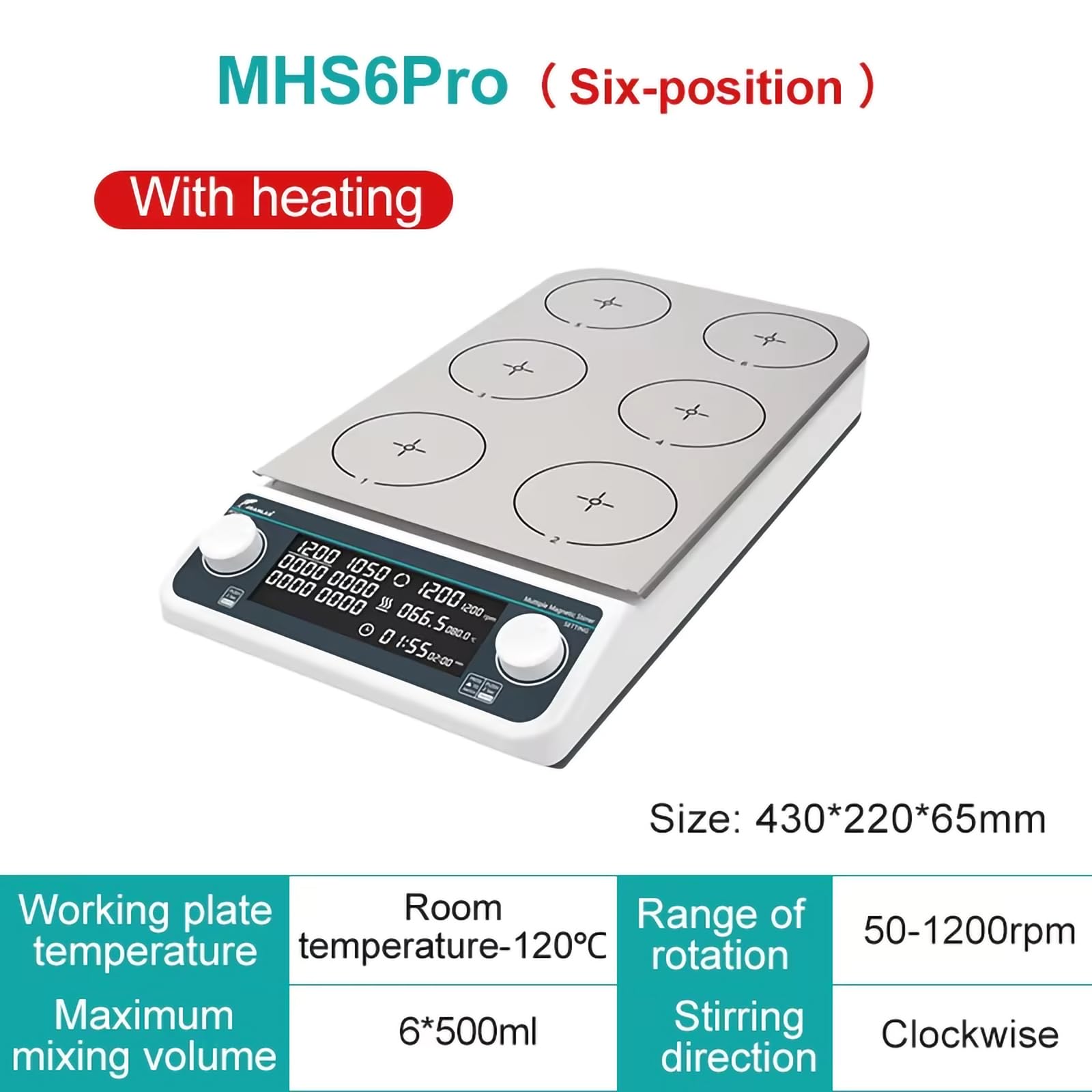 Piastra riscaldante con agitatore magnetico a 6 posizioni con riscaldamento - 6 agitatori da laboratorio da 500 ml, miscelatore magnetico con timer, controllo asincrono, display digitale,Silver