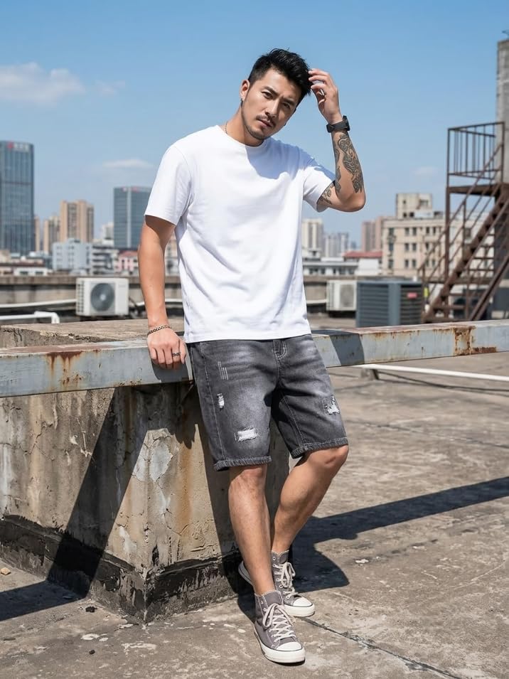 Image of GRECIILOOKS Denim Shorts for Men Stylish | Casual Knee Length Washed Jorts | Regular Fit Jeans Half Pant for Men with Distressed Design | Bermuda Mens Shorts for Summer Travel Streetwear