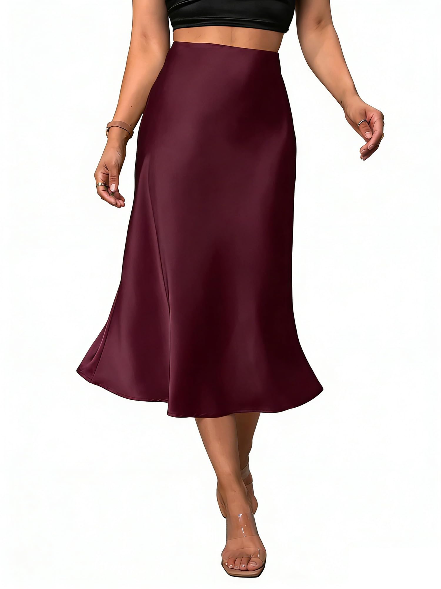 Womens Satin Midi Skirt Elegant Fishtail Silk A Line Casual Skirts for Party Wedding