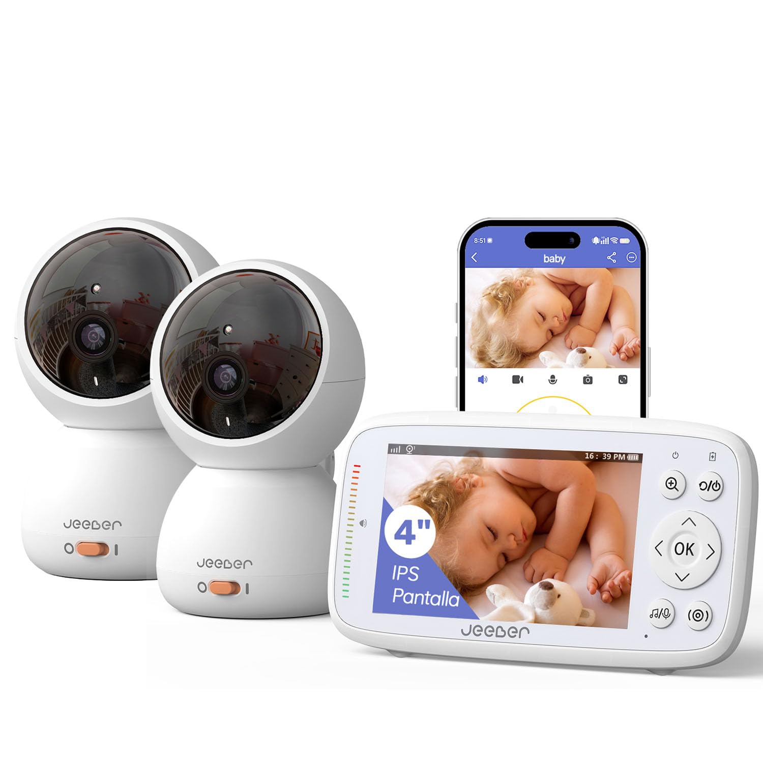 Camara Vigilancia Bebe con 2 Camaras, App&4" IPS Pantalla | Visión Nocturna, Detección Inteligente, Zona Segura Virtual, Modo Eco VOX, Cámara PT de 360°, Zoom x3, Audio Bidireccional