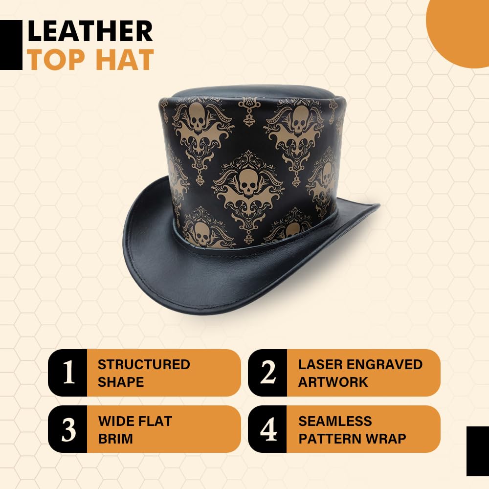Sombrero de piel auténtica con diseño de calavera de damasco, estilo victoriano, formal, para fiestas temáticas y eventos