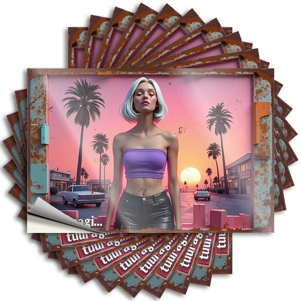 Vibrant Sunset in Retro Cityscape with Stylish Woman Funny Sticker Tiki | Lover Case Removable Decal Pack(12X18CM)