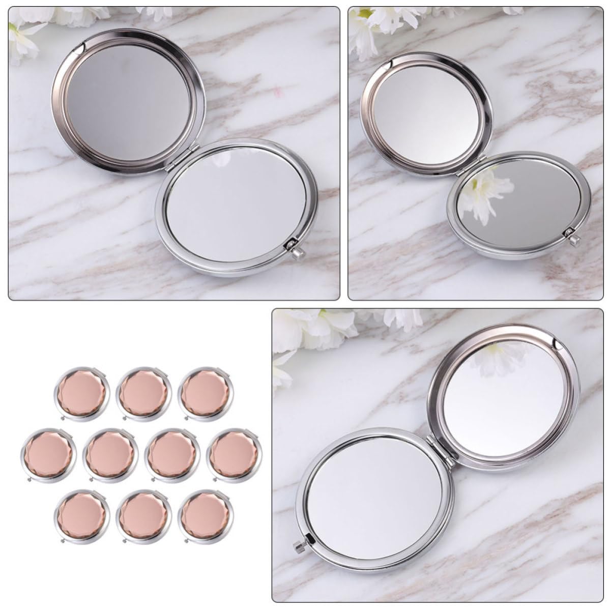 10 Piezas Espejo de Maquillaje de Doble Cara Portátil y Ligero, Espejo de Bolsillo de Metal y Vidrio para Viaje y Uso en Casa, Diseño Elegante y Compacto para Mujeres