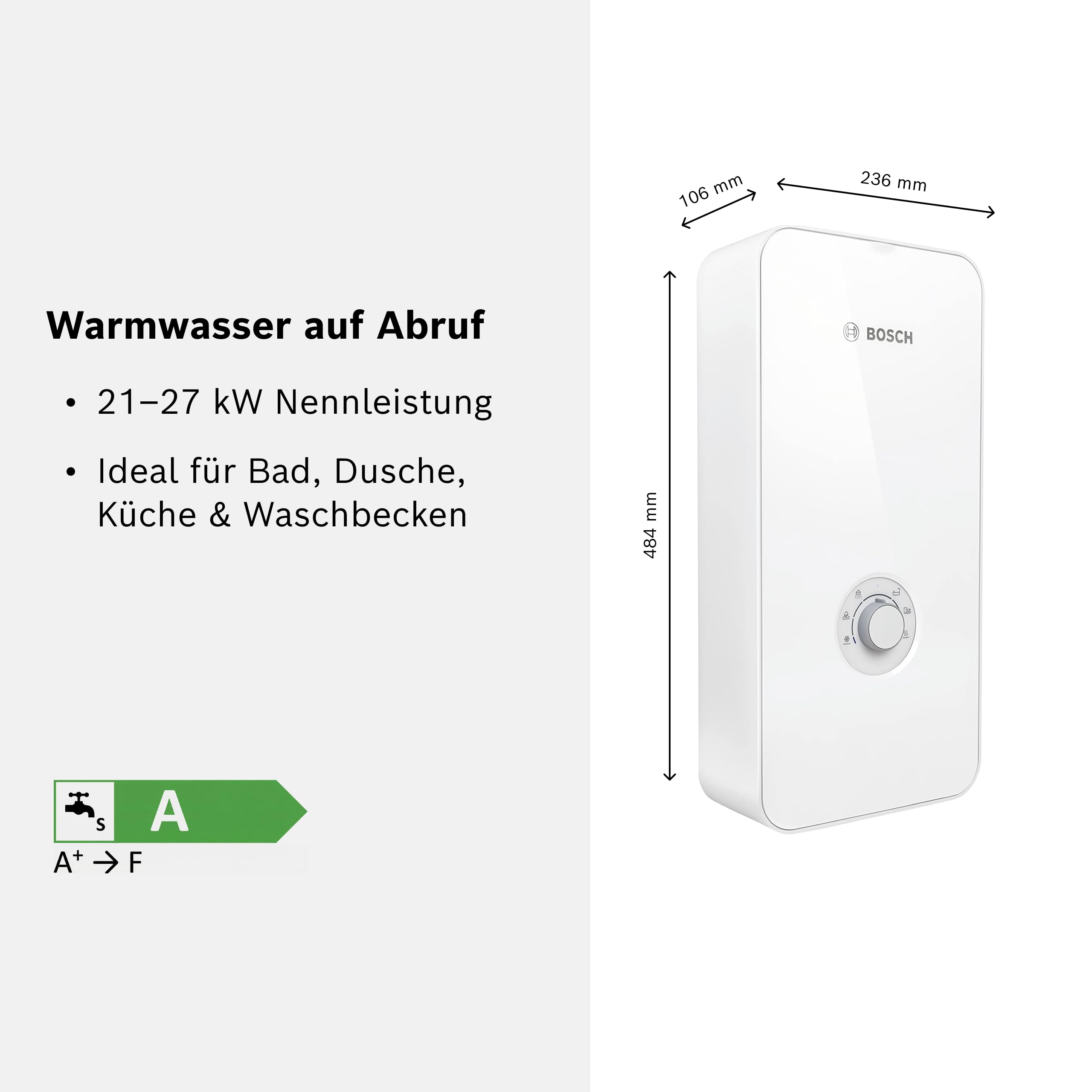 Bosch elektronisch geregelter Durchlauferhitzer Tronic Comfort AquaStop 21/24/27 kW - Umschaltbar, druckfest, stufenlose Temperaturwahl, moderne Glas-Optik, weiß [Energieklasse A]