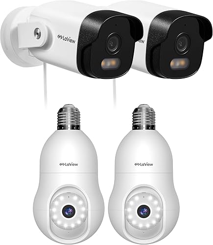 LaView 4 bombillas y cámara para exteriores de 2.4 GHz, 360 2K para interiores y exteriores, a todo color día y noche, detección de movimiento,