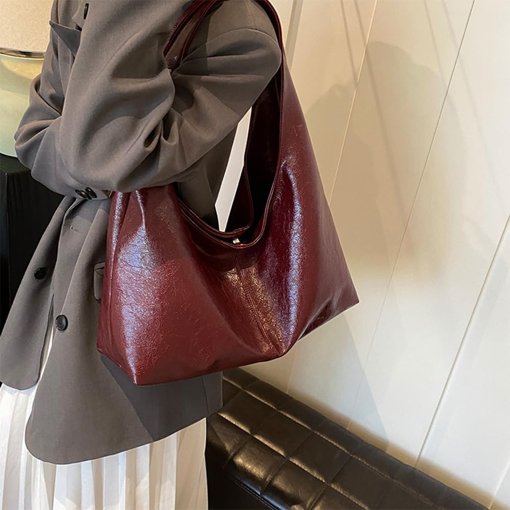 JOLILUNA Burgundy Purse Large Tote Bags for Women Slouchy Hobo Bag Leather Hobo Bags for Women (Burgundy)