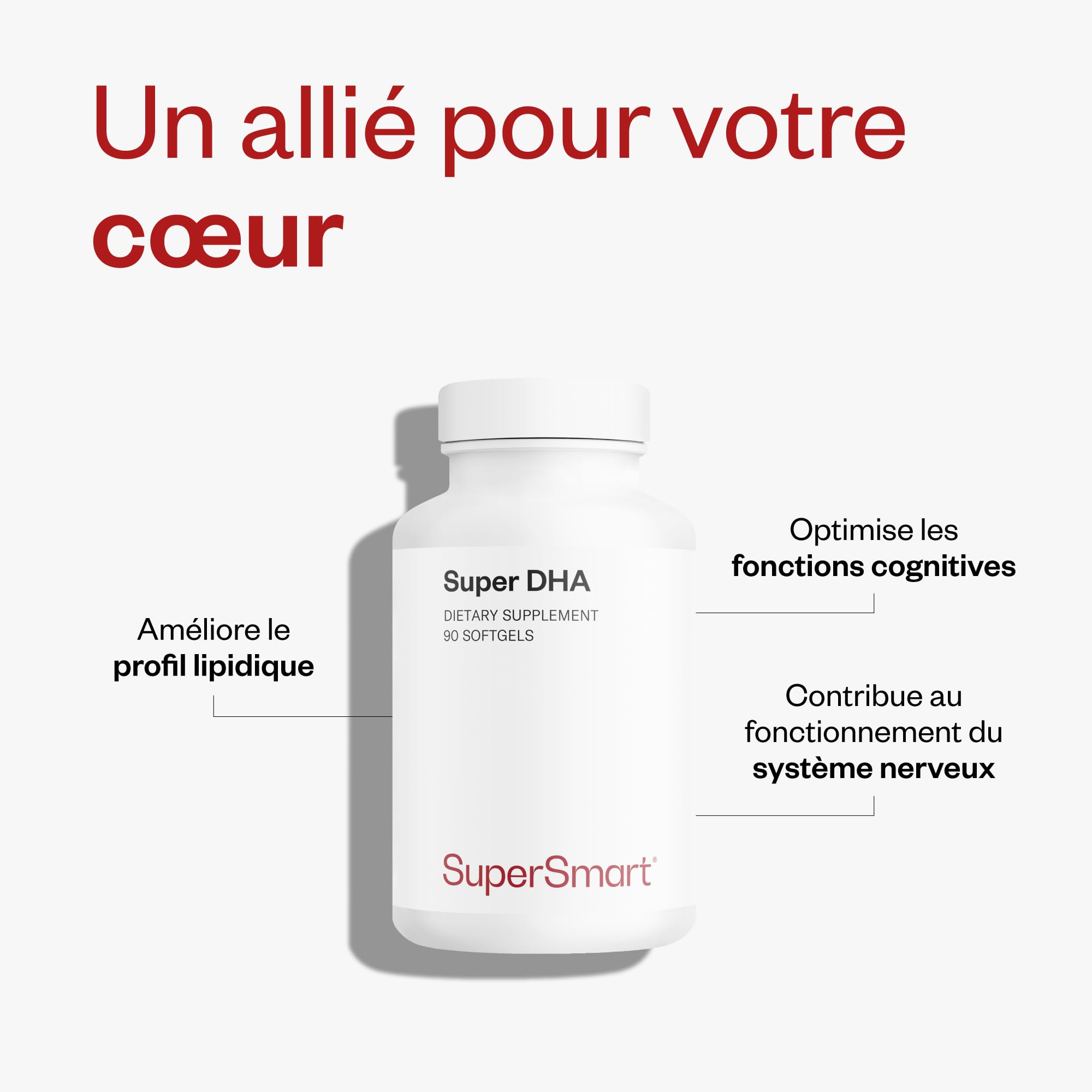 Super DHA - Cœur et Cerveau - Acide Docosahexaénoïque - SuperSmart | Acide Eïcosapentaénoïque - Formule Naturelle d’Oméga-3 - Pêche Durable - Sans OGM
