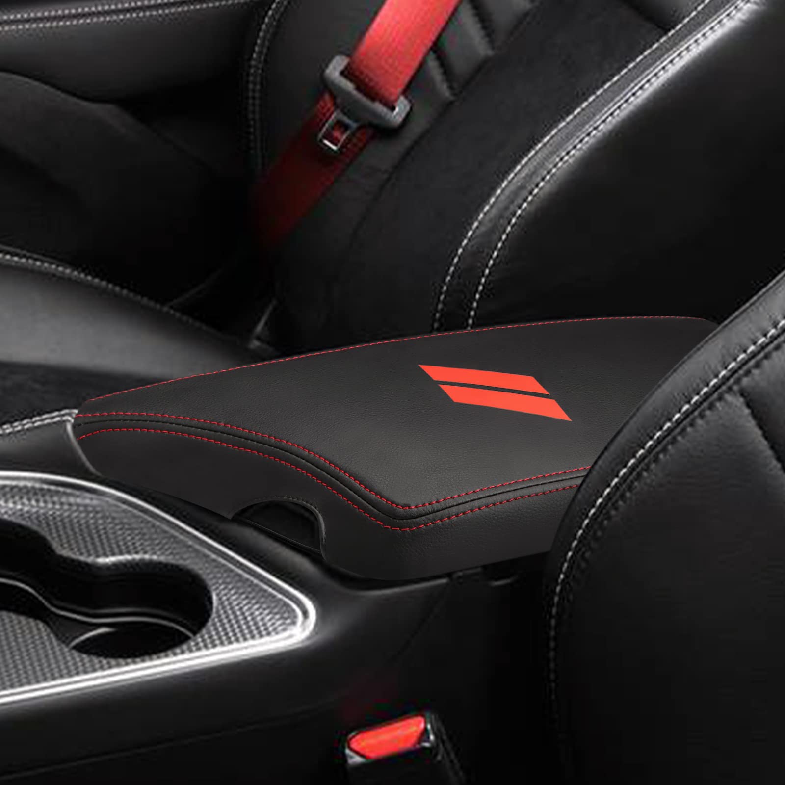 INTGET Auto Mittelkonsole Armlehne Abdeckung für Dodge Challenger Zubehör 2023 2022 2021 2020 2019 2018 2017 2016 2015 Innenarmlehne Sitzbezug Mittelkonsole Abdeckung Deckel Schutzpolster (rote Nähte)