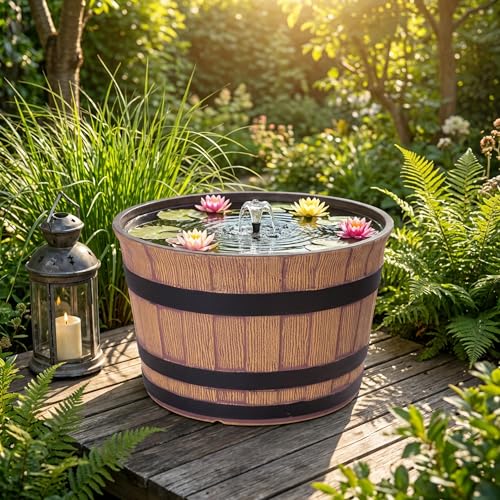 Miniatura 4 de Jinfa Macetero Mediano Exterior De Plástico Efecto Madera - Color Nogal - Diseño Medio Barril - Ø 36 Cm 17l - Maceta Resistente Para Jardín, Terraza Y Hogar