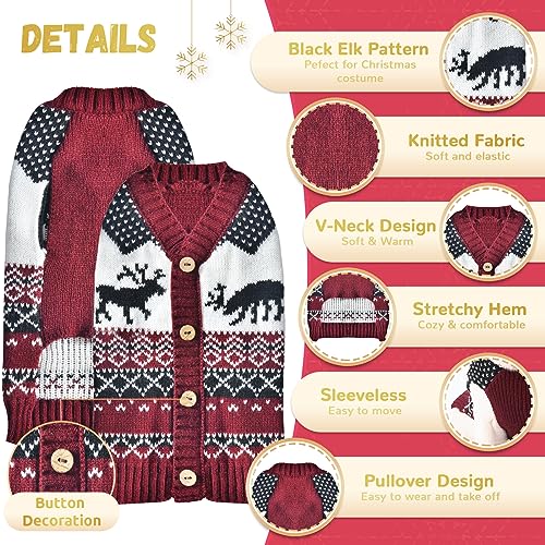 ABRRLO Dog Christmas Jumpers XS Small V Neck Puppy Xmas Jumper Cute Elk Red Doggy Cat Christmas Sweater Knitted Outfits for Small Medium Large Dogs (Wine Red Reindeer,XXL) - Image 3