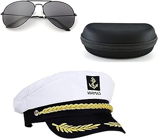 MEZOKUCEL Yacht Captain Hat and Sunglasses with Case, Costume Accessory for Navy Masquerade Party, Marine Admiral Adjustab...