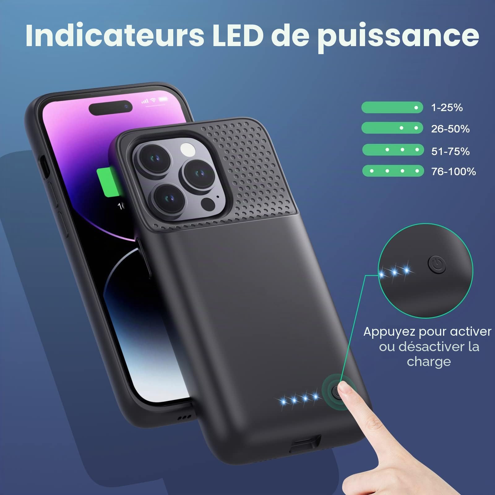Coque de Protection pour iPhone 14 Pro [7200 mAh] Batterie Rechargeable avec Film de Protection d'écran - Chargeur de Batterie Portable Puissant pour iPhone 14 Pro [6,1 Pouces] - Noir