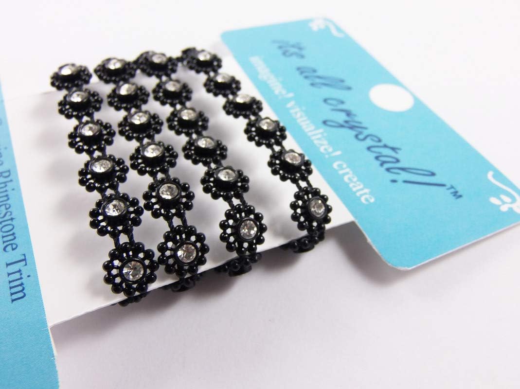 12 Pcs Genuine Rhinestones Braid Trim Strap - Black Finish -Flowers Shapes for Wedding Supply Dress Invitations Evening Wear Doll Renaissance Outfit Gift Wraps