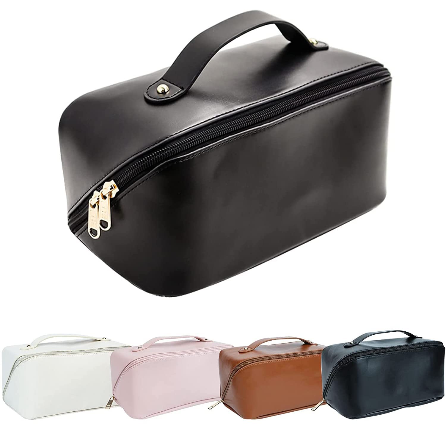 HAYSCH Large Capacity Cosmetic Travel Bag, Women's Makeup Travel Bag Portable Leather Cosmetics Bag | Makeup Storage Bags with Handle and Divider | Wide Opening Cosmetic | Makeup Organizer (Black)