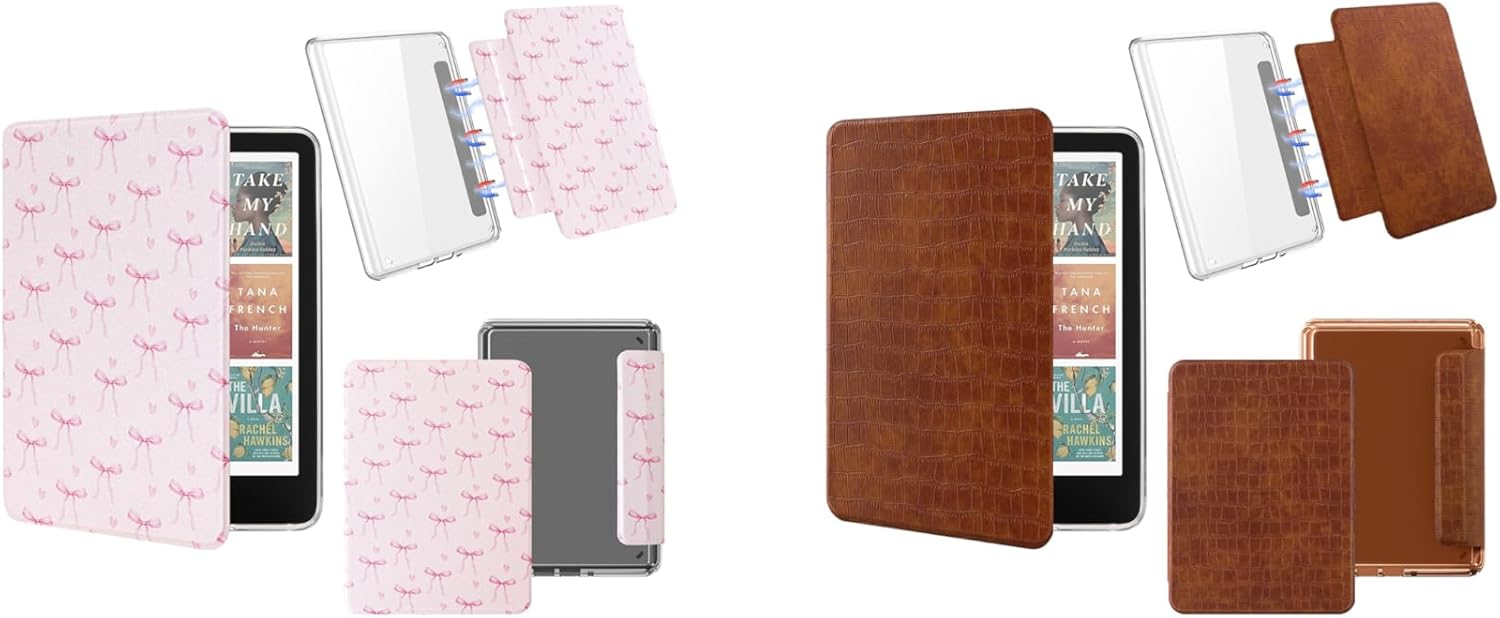 Magnetic Detachable Case for All-New 7" Kindle Paperwhite 12th Gen 2024 and Kindle Colorsoft Signature Edition, Light PU Leather Cover Case, Pink Bow Tie Crocodile Print