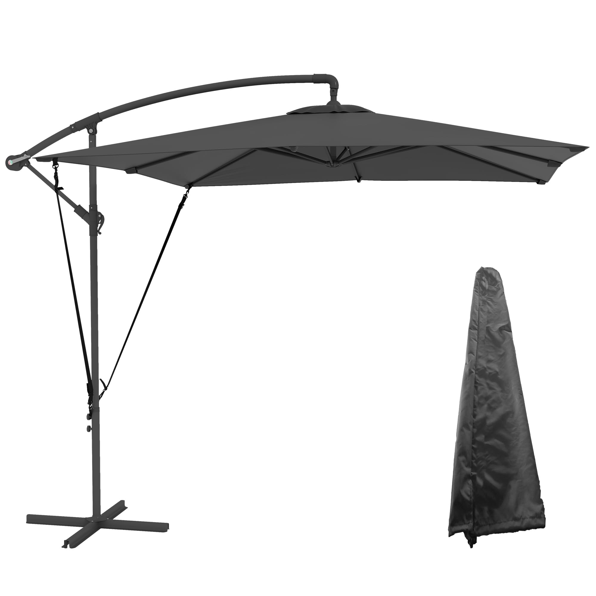 Outsunny Parasol Excéntrico 247x247 cm Sombrilla de Jardín con Base Cruzada Cubierta Ajustable Manivela Funda Protectora y Cuerda de Viento Anti-UV 50+ Sombrilla para Terraza Patio