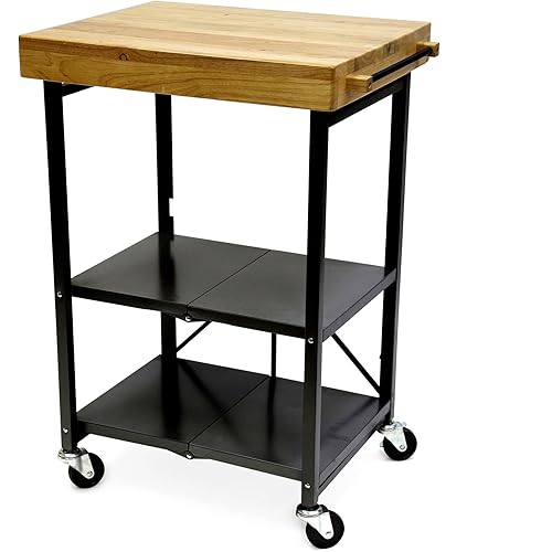 Origami Folding Kitchen Cart on Wheels | for Chefs Outdoor Coffee Wine and Food, Microwave Cart, Kitchen Island on Wheels, Rolling Cart, Kitchen Appliance & Utility Cart | Black with Wood