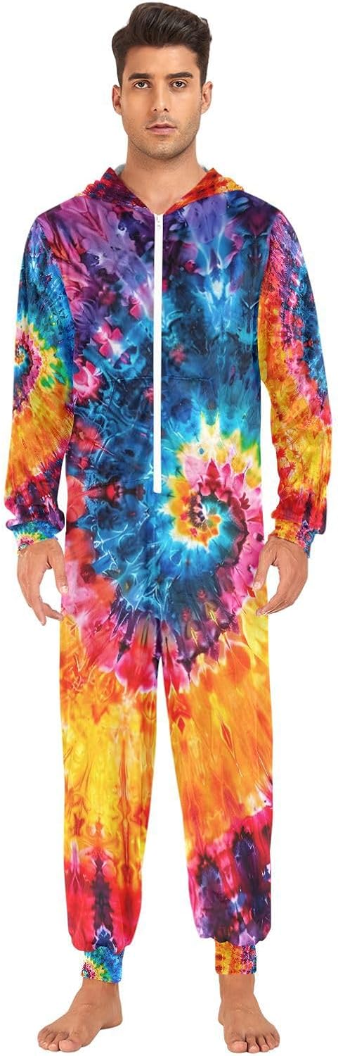 Rainbow Tie Dye Swirl Unisex Adult Onesie Pajamas Comfy One Piece Costume Jumpsuits Novelty Sleepwear Homewear for Men Women