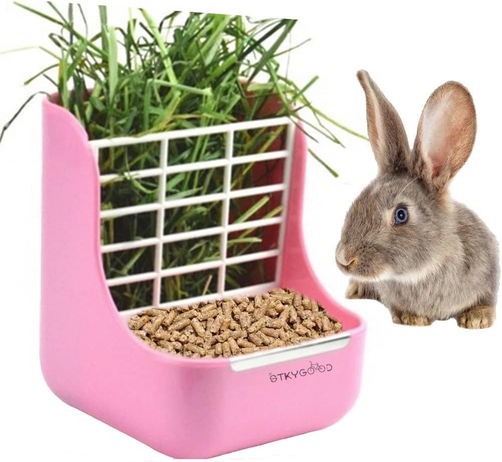2 in 1 Food Hay Feeder for Guinea Pig, Rabbit Feeder, Indoor Hay Feeder for Guinea Pig, Rabbit, Chinchilla, Feeder Bowls Use for Grass & Food (Pink)