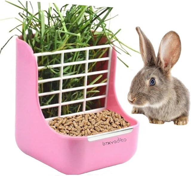 2 in 1 Food Hay Feeder for Guinea Pig,Rabbit,Indoor Hay Feeder for Guinea Pig,Rabbit, Chinchilla,Feeder Bowls Use for Grass & Food (Pink)