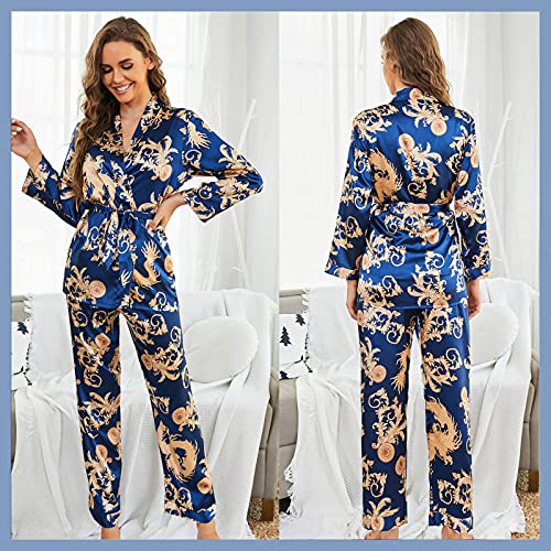 Arwser Women's Silk Satin Pajamas Set 4 Pcs Sleepwear Cami Top Pjs With Shorts And Robe Blue #TOP4
