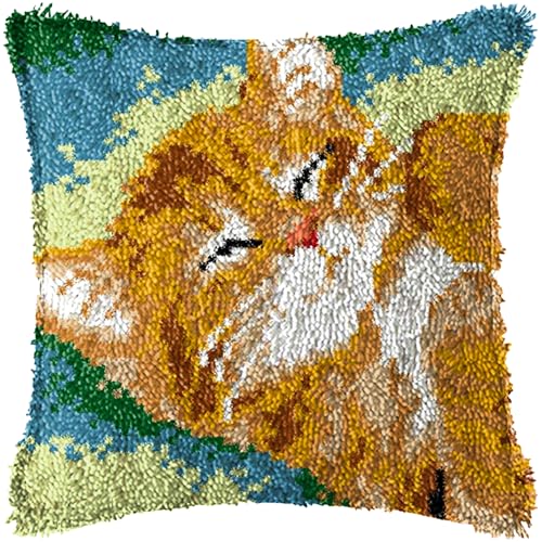 Image of LUBOT 16 inch*16 inch Ginger Cat Latch Hook Kits for Adults Rug Pillow Cover with Printed Canvas Pattern Crochet Kit for Beginners