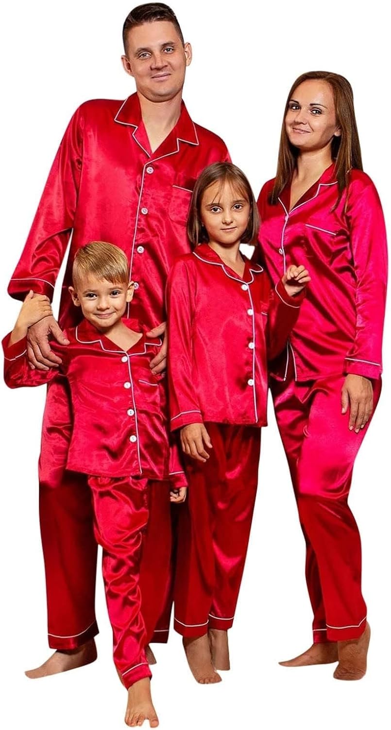 Matching Christmas Pajamas for Family Silk Satin Xmas Pjs Set Casual Button Down Sleepwear Comfy Loungewear