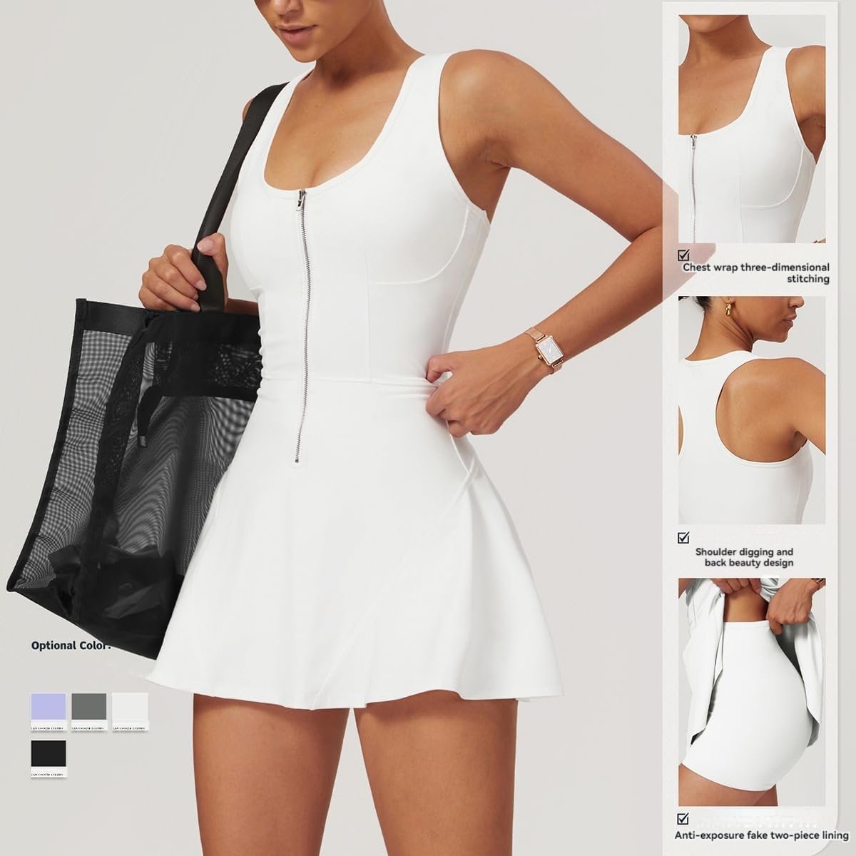 Women's Zipper Tennis Skirt, Bodycon Sports Skirt with Built-in Shorts and Bra Sleeveless Side Slit Golf Mini Skirt