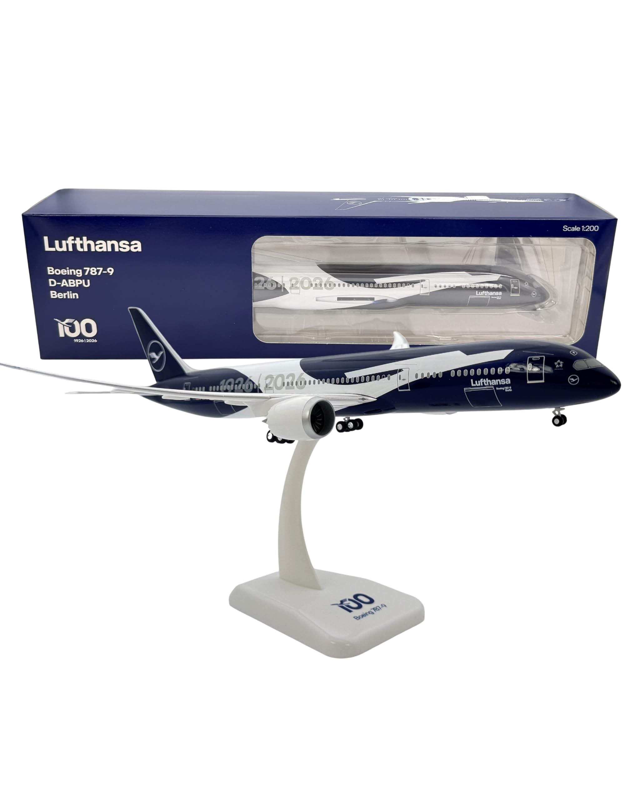 Limox Boeing 787-9 D-ABPU - 100 Jahre Lufthansa Jubiläumsedition I 1:200 Modellflugzeug mit Fahrwerk & Standfuß I Jubiläumsmodell I Limitiertes Flugzeugmodell für Sammler & Luftfahrtfans