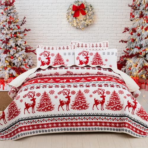 Christmas Quilt Set King,3 Pieces Christmas Tree Reindeer Snowflakes Bedding Set Red Bedspread Quilted Coverlet Set with 2 Pillowcases King (90" x 103")