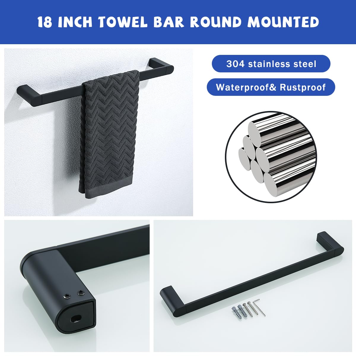 SW96026S-4MB - Juego de accesorios de baño de 3 piezas, soporte de pared negro mate, incluye soporte para papel higiénico, gancho para toallas de baño, toallero, SW96026S-4MB.