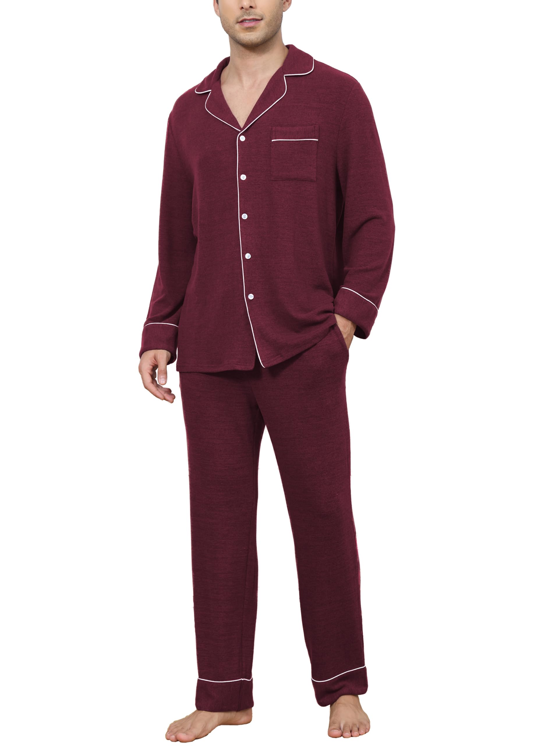 Veseacky Mens Pajamas Set Long Sleeve Soft Pajamas for Men Button Down Sleepwear Pjs Lounge Sets with Pockets S-2XL
