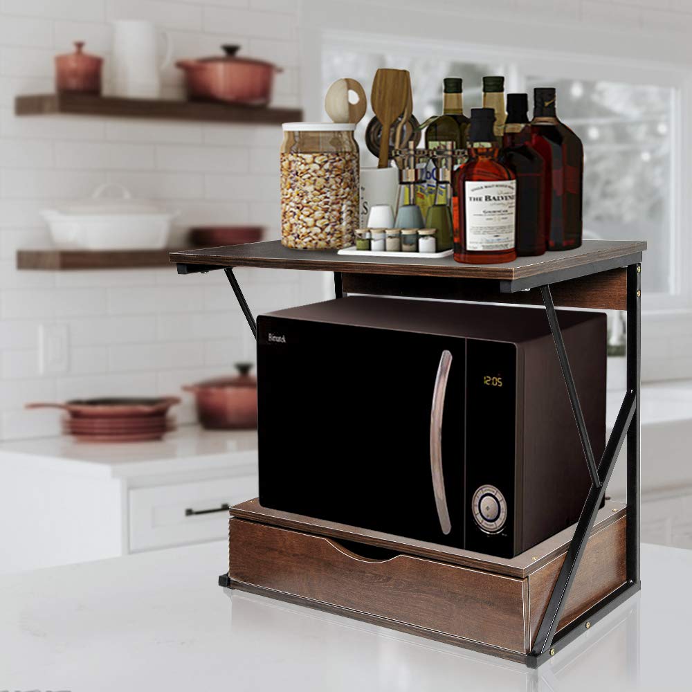 Rainbow Tree 2-Tier Microwave Oven Rack with Drawer for Kitchen, Heavy Duty Microwave Toaster Stand Kitchen Counter Top Organizer, Wooden Baker’s Rack with Metal Frame Brown — image 1