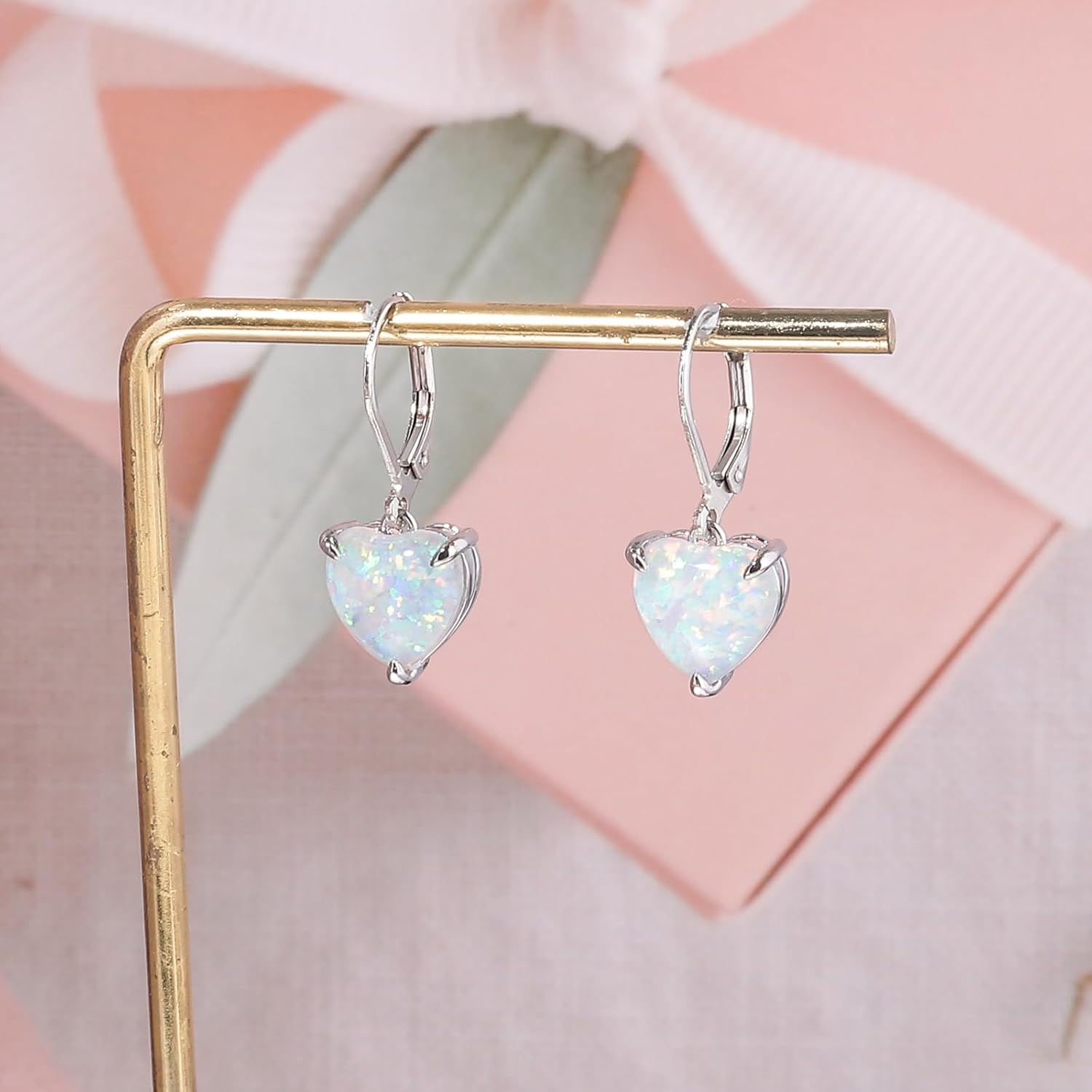 CiNily Heart Opal Earrings Leverback Drop Earrings for Women Hypoallergenic, Pendant Earrings 14K White Gold/Rose Gold Dangle Earrings Opal Hoops Birthday Wedding Mothers Day Jewelry Gifts - Image 4