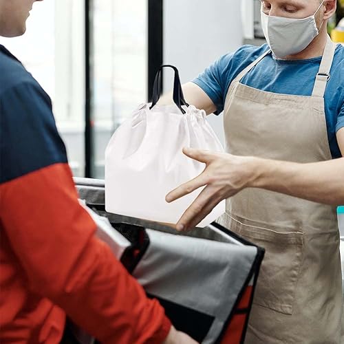 Miniatura 6 de 50 bolsas de almuerzo desechables  Bolsas para llevar con sello, asas con cordón, bolsas de plástico grueso para llevar, para entregas,