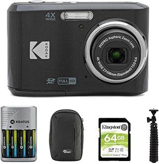 Kodak PIXPRO FZ45 Friendly Zoom Digital Camera (Black) Bundle with 64 GB UHS-I U1 SDXC Memory Card, Rapid Travel Charger with 4 AA Rechargeable Batteries, Spider Tripod, and Camera Case (5 Items)