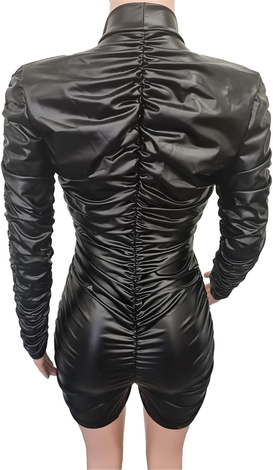 Womens Sexy Long Sleeve Deep V Neck PU Leather Ruched Ruffles Bodycon Shorts Party Clubwear Jumpsuit Rompers - Image 6