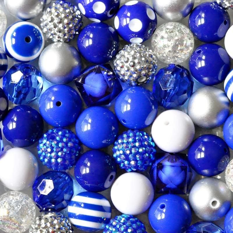 Royal Blue and White 20mm Chunky Bubblegum Beads 50 Piece Mix Jumbo Plastic Bead Set for Kids Crafts