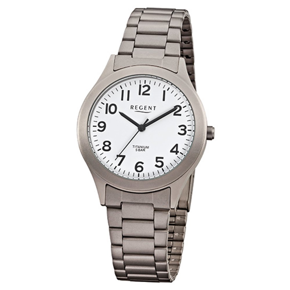 REGENT Herrenuhr mit Titan Glieder Armband und Titan Gehäuse 37 MM Durchmesser Quarz Arabische Zahlen