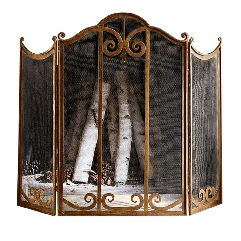 fireplace cover Vintage Gold Fireplace Screen Partition Fireproof Net Decorative Guardrail Three Foldable