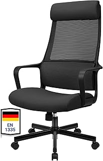 Schreibtischstuhl: Bürostuhl Ergonomisch - Drehstuhl Wippfunktion hat Verstellbarer Lordosenstütze | Kopfstütze | Armlehne | Höhenverstellung | Hoher Rückenschonend Chefsessel Schwarz