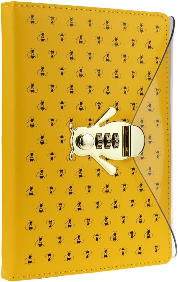 Mazeran Bee Shaped Combination Lock Journal, PU Leather Hard Cover Notebook Cute Diary, A5 Lined Password Locking Personal Planner Secret Organizer Gift for Girls Women Daughter - Image 2